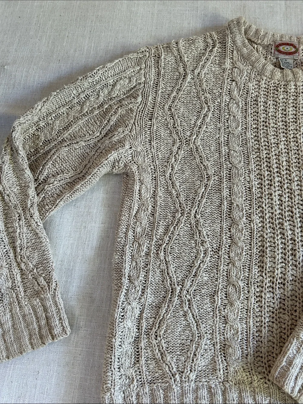 Vintage Banana Republic Sweater Linen/Cotton Cable Knit Medium Oatmeal Fisherman - Picture 4 of 13